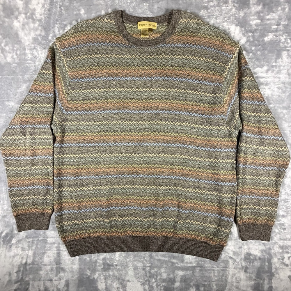 Vintage Tricots St Raphael Knit Sweater Men's 2XL Geometric Zig Zag Y2K Grandpa